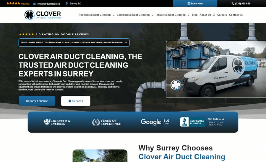 The Clover Air Duct Cleaning home page, South Surrey, British Columbia, led by their branded service van