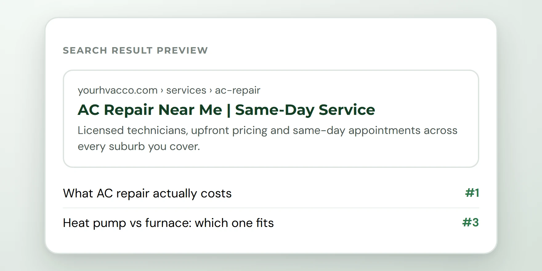Example search result preview for an AC repair page, above the articles ranking behind it