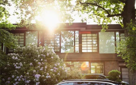 A house under strong summer sun with lens flare through the trees