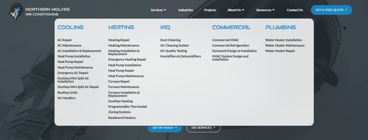 A built-out commercial HVAC website with a full navigation of cooling, heating, indoor air quality, commercial, and plumbing service pages