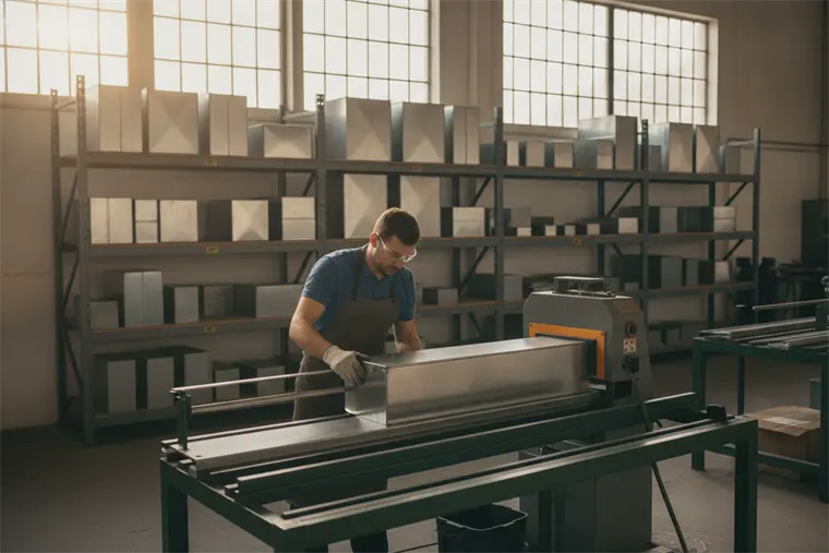 A fabricator bending galvanised sheet metal on a brake beside racks of finished duct sections