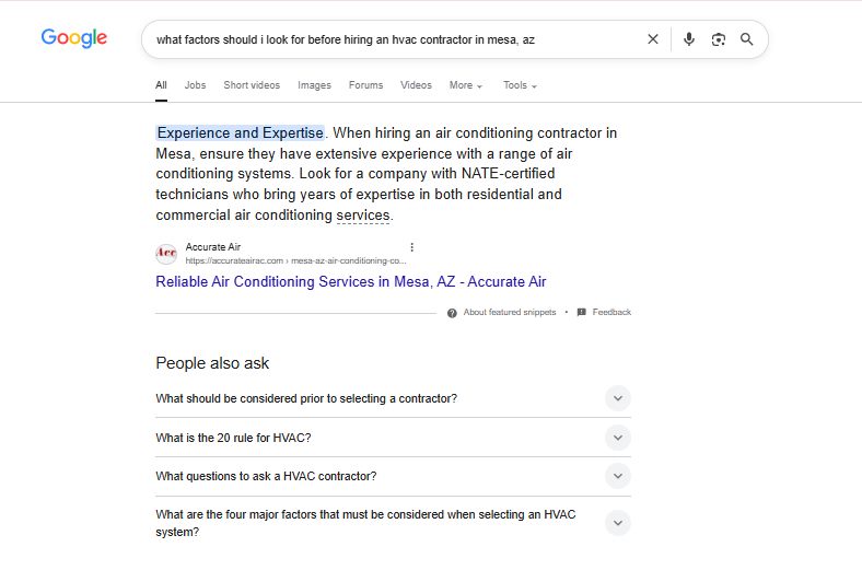 Google featured snippet for HVAC