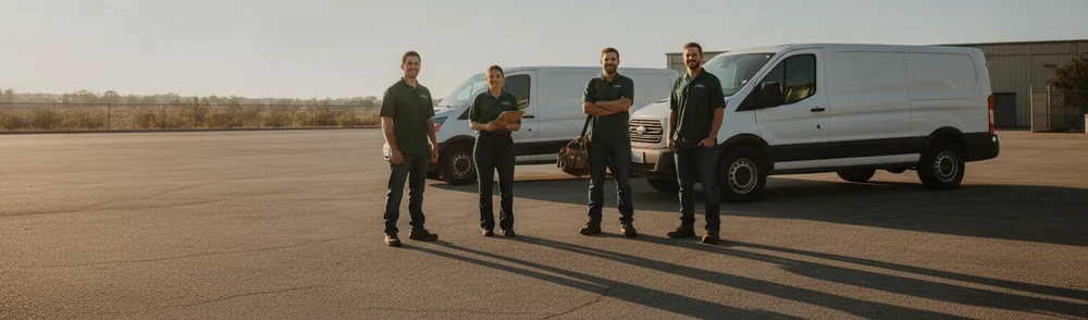 A four-person HVAC service crew standing in front of their vans at the end of the day
