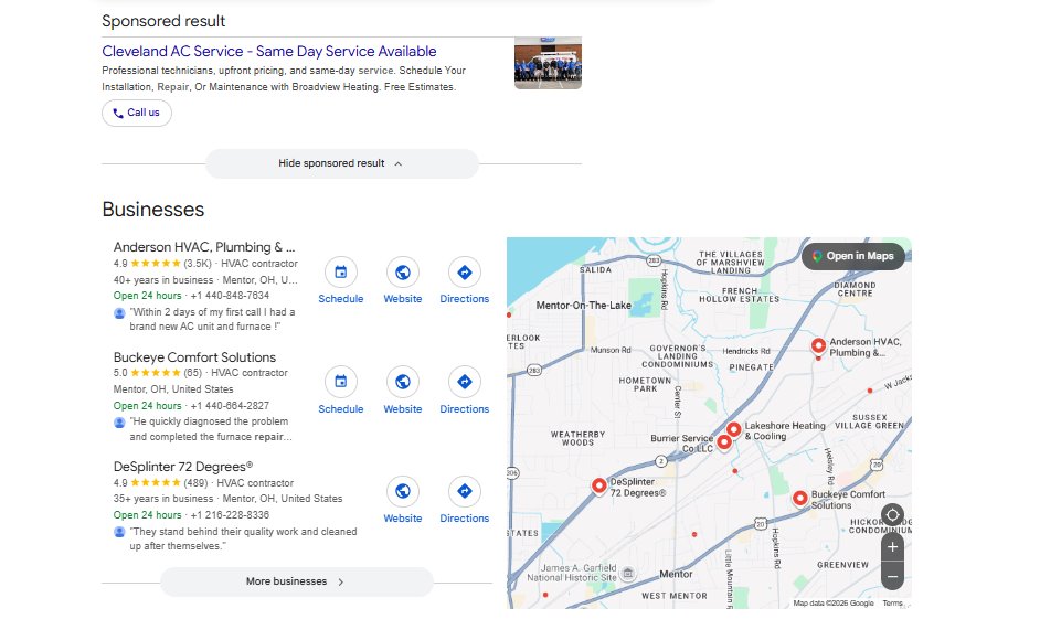 An HVAC business showing up as a paid ad and in the Google local map pack on the same results page