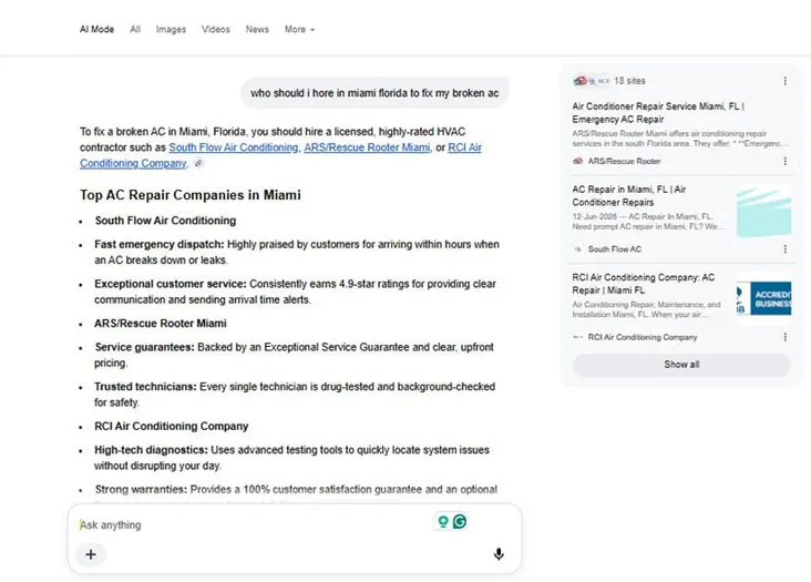 Google AI Mode recommending HVAC contractors