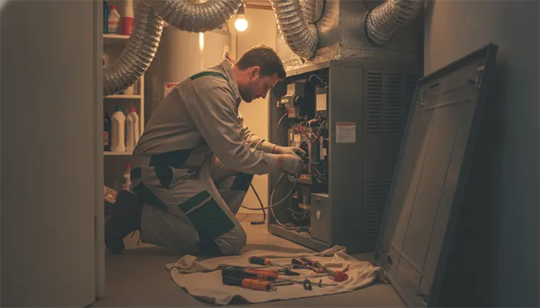 A lone HVAC technician servicing an air handler in a tight residential utility closet