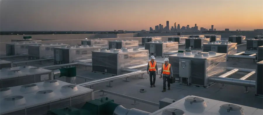 Two technicians in hard hats walking between large packaged rooftop HVAC units on a commercial roof at dusk