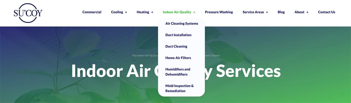 The Su&rsquo;Coy site navigation listing dozens of individual HVAC service pages