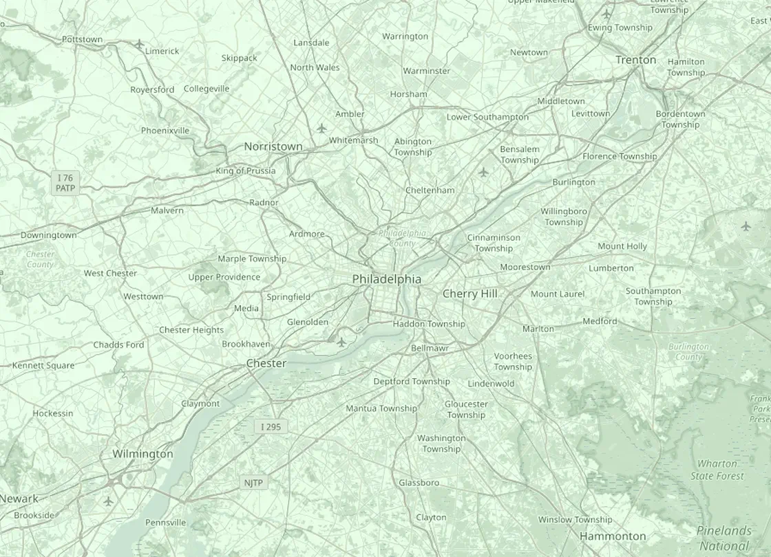 Coverage map of the Philadelphia HVAC service area, with Philadelphia and the nearby markets Upper Darby, Camden, Cherry Hill, King of Prussia, Norristown