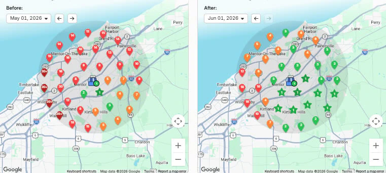 Before-and-after geo-grid showing HVAC local rankings climbing across the service area