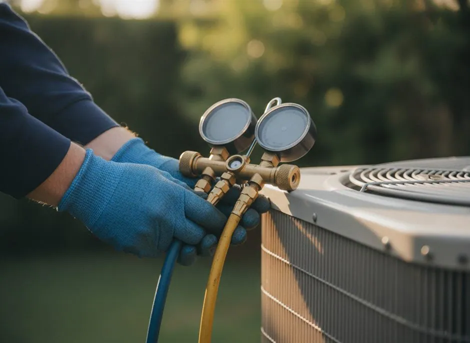 A technician connecting manifold gauges to a residential air-conditioning condenser in late-afternoon light