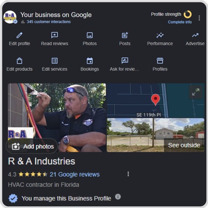 Google Business Profile overview for HVAC business and local ranking heatmap.
