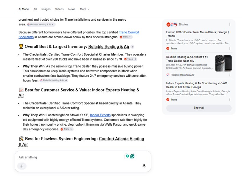 Google AI Mode answer recommending HVAC dealers in Atlanta, including Indoor Experts Heating & Air