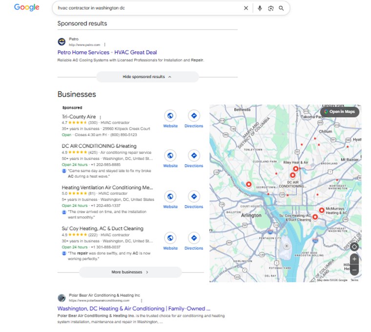 Google Search results for an HVAC repair query in Washington DC, showing sponsored ads and a list of paid business listings