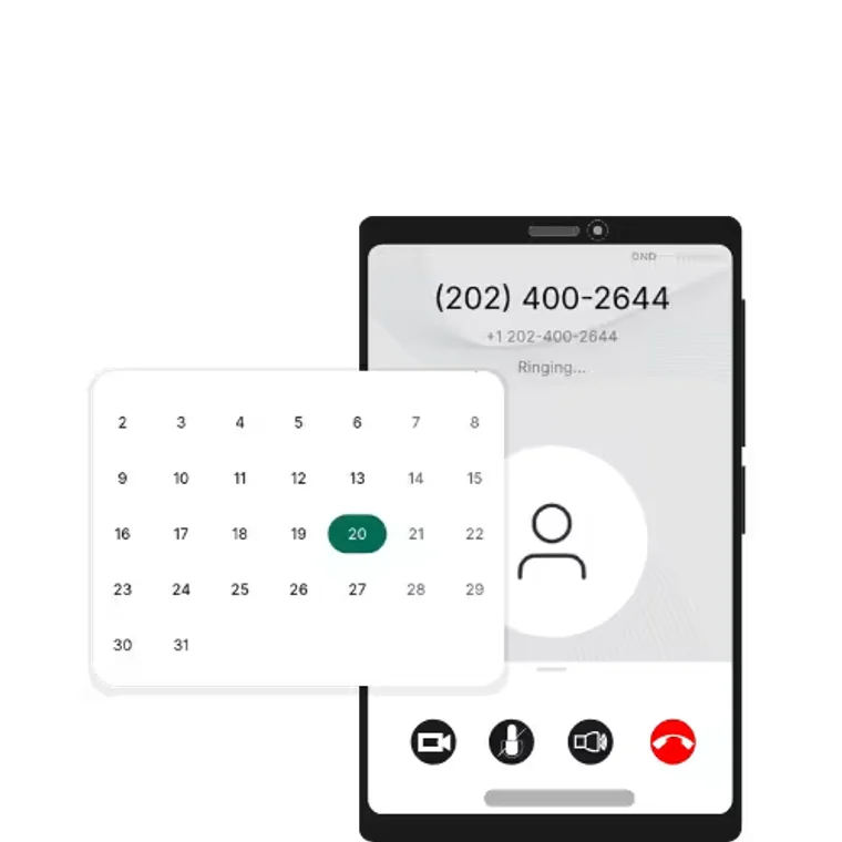 A phone showing an incoming call, beside a calendar with an appointment slot booked.