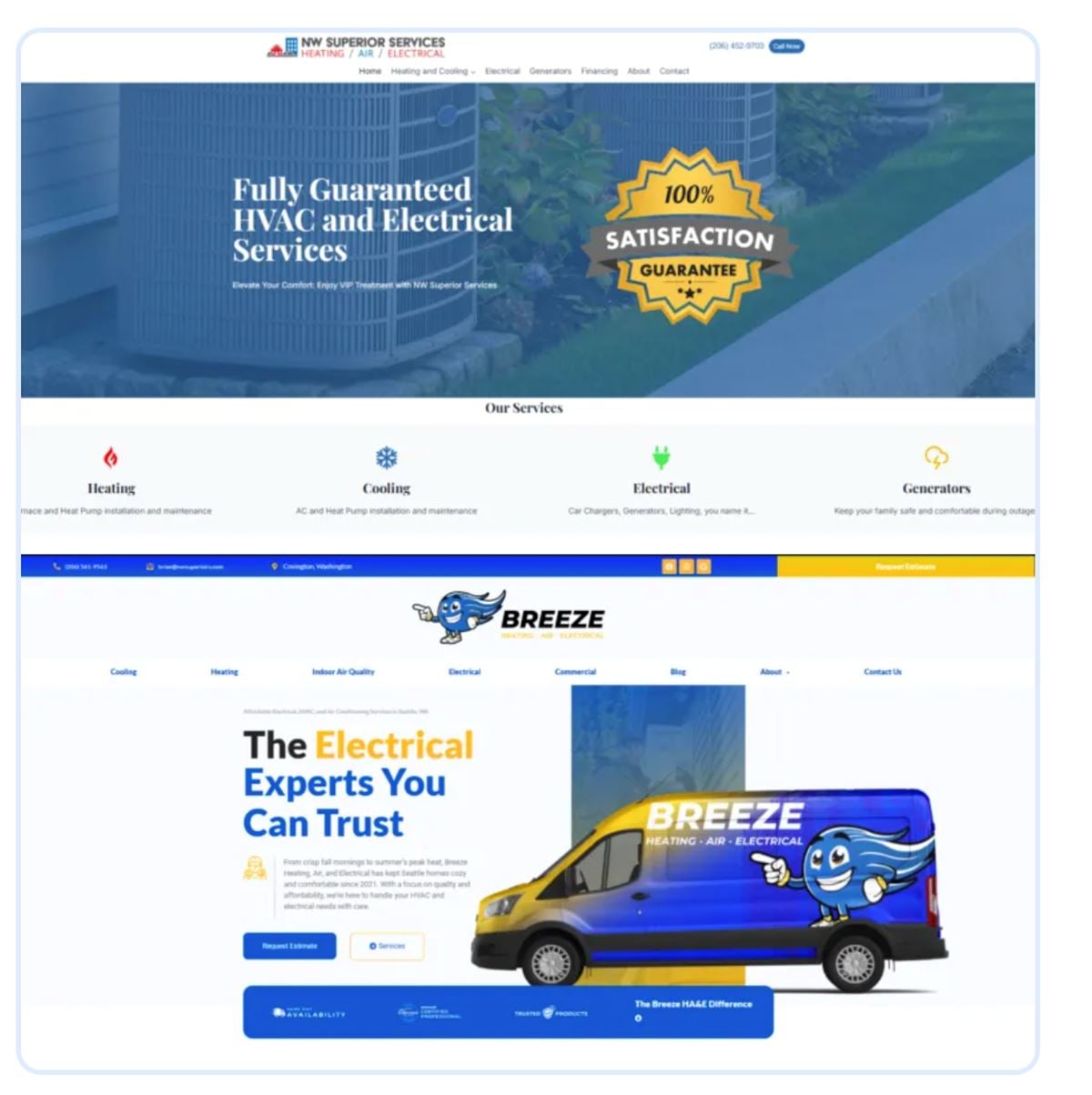 The old NW Superior Services website beside the new Breeze Heating, Air & Electrical site