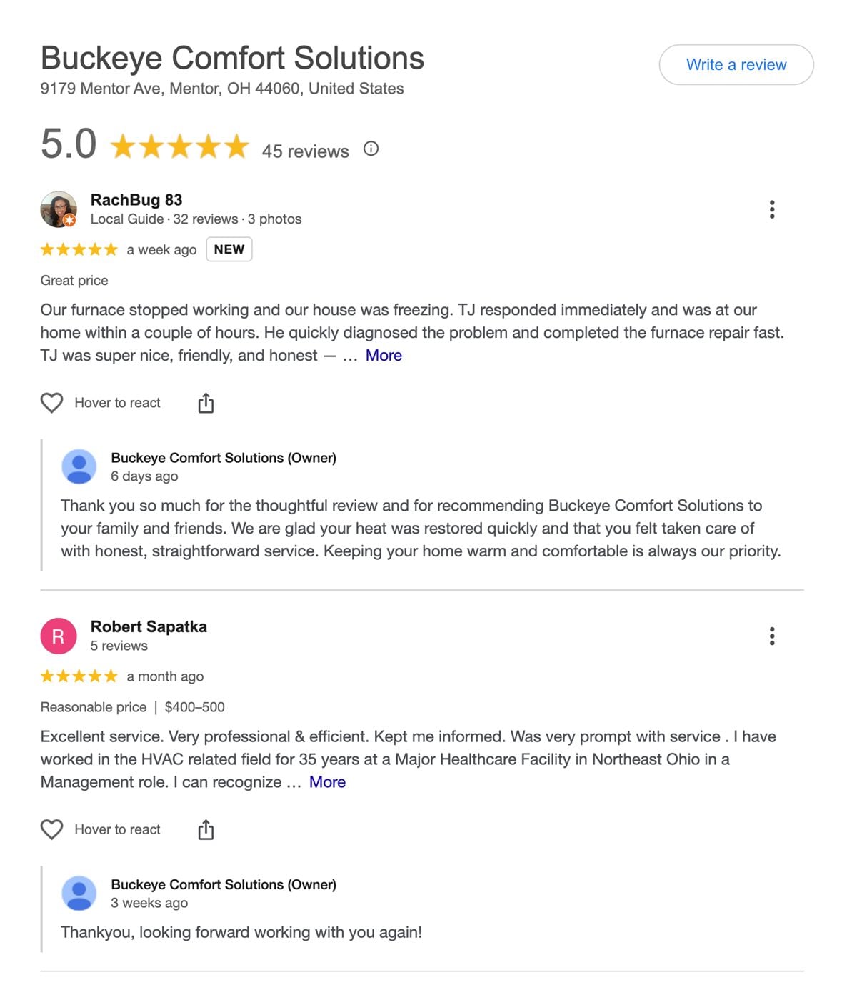 Buckeye Comfort Solutions Google reviews showing a 5.0-star average