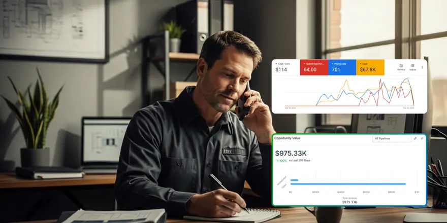 A Google Ads dashboard showing cost per conversion, submitted leads and phone calls beside a pipeline opportunity-value chart