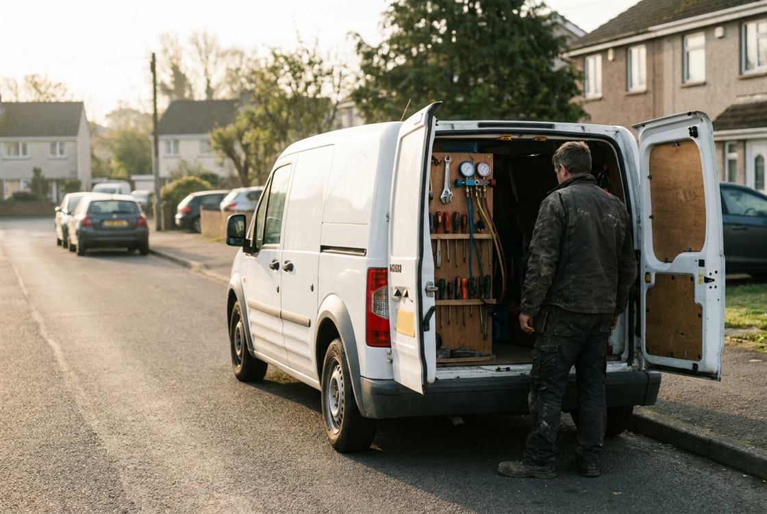 A single unmarked work van at sunrise with its rear doors open and tools inside.