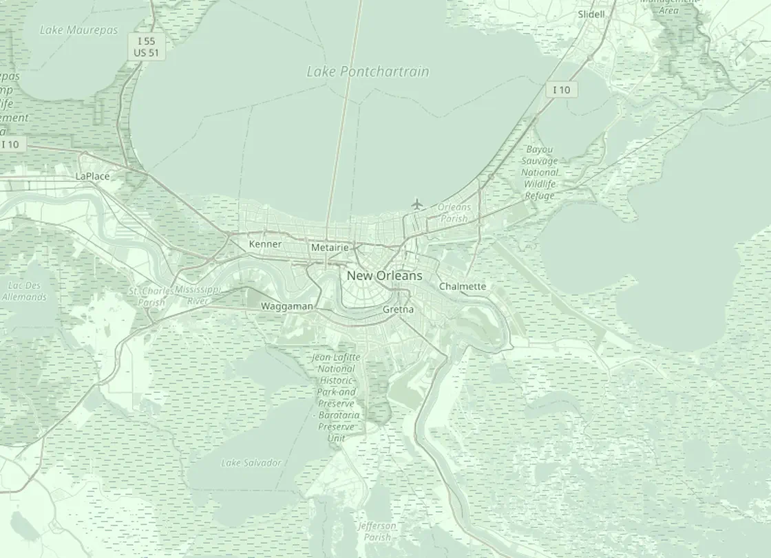 Coverage map of the New Orleans HVAC service area, with New Orleans and the nearby markets Metairie, Gretna, Kenner, Chalmette, Belle Chasse
