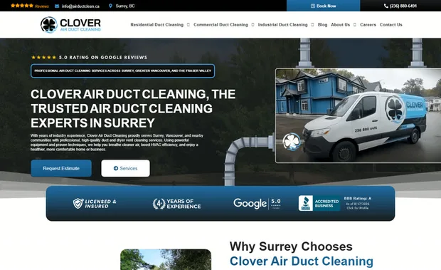 The Clover Air Duct Cleaning home page, South Surrey, British Columbia, led by their branded service van