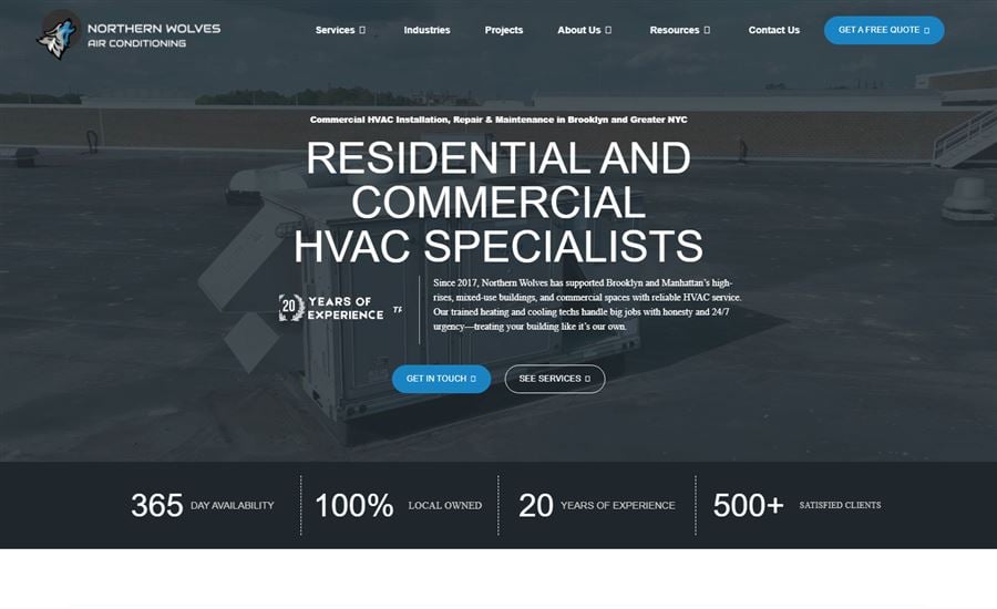 The Northern Wolves Air Conditioning home page, Brooklyn, New York, headlined for residential and commercial HVAC specialists