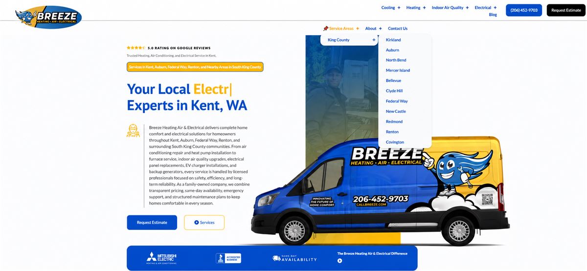 The Breeze Heating, Air & Electrical home page, headlined for Kent, Washington, led by their wrapped service van and mascot
