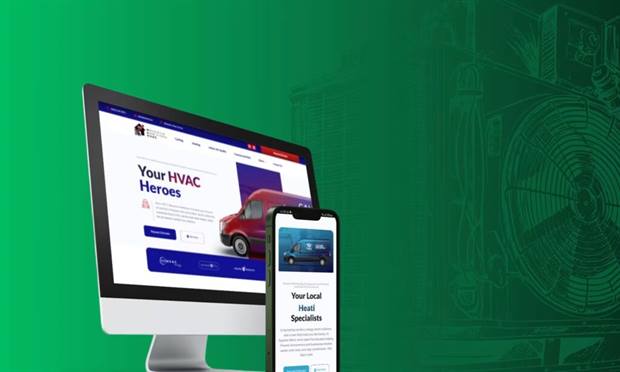 Blog banner: an HVAC website shown on a desktop monitor and a phone.
