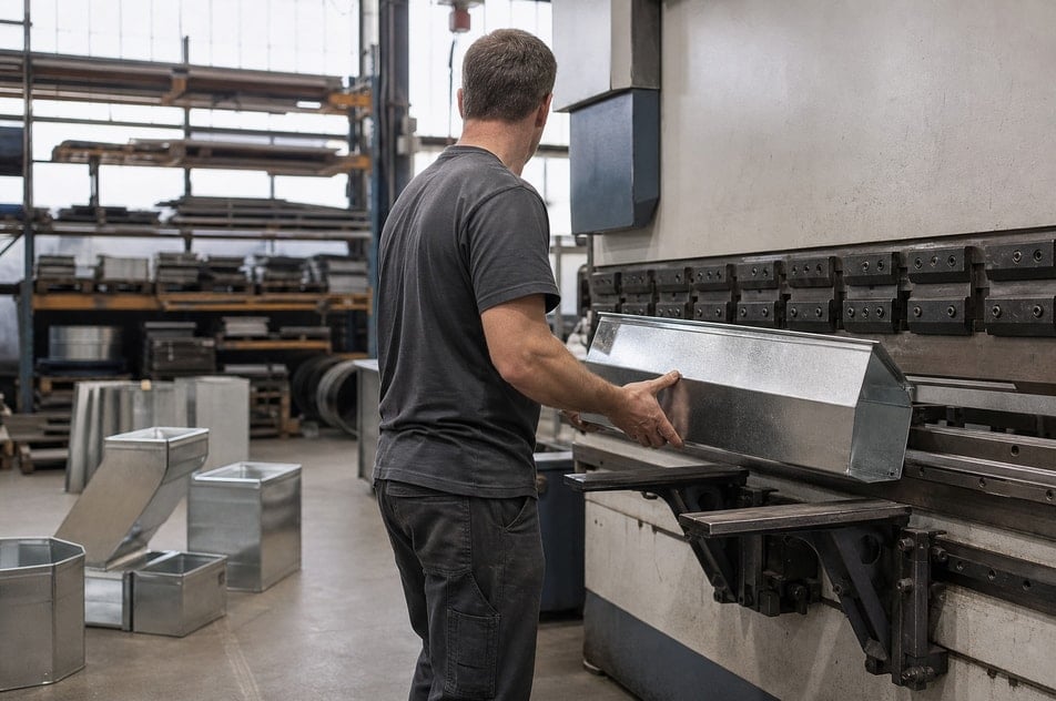 A fabricator in coveralls and safety glasses working at a sheet metal press brake.