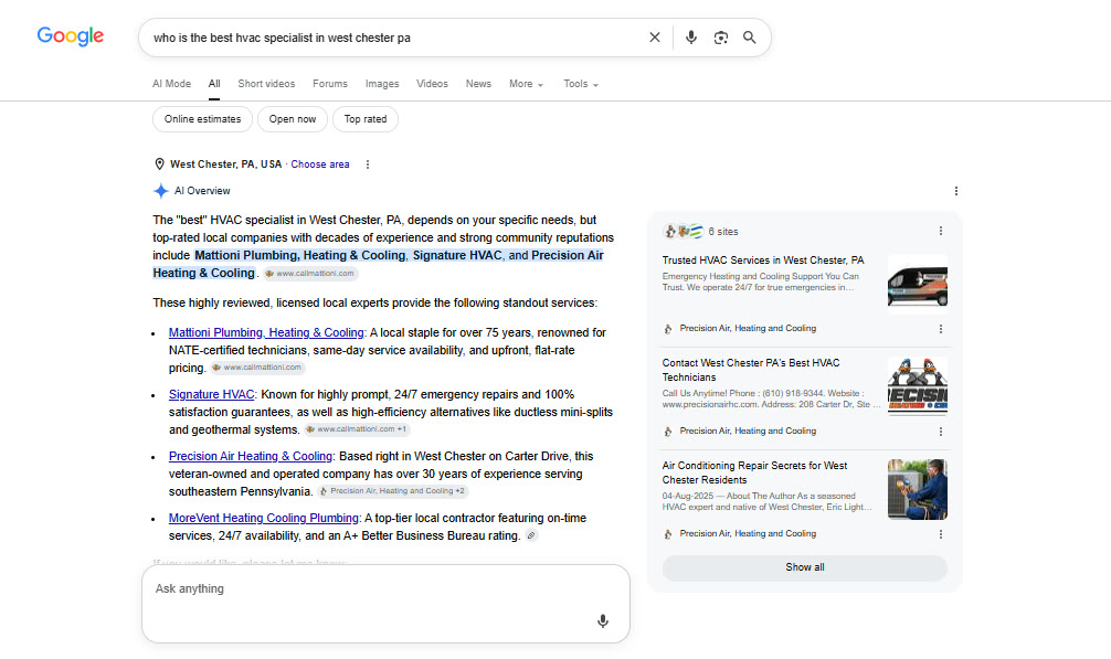 Google AI Overview recommending local HVAC specialists with a sources panel