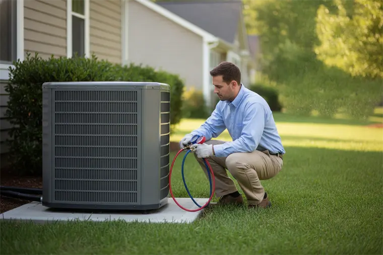 A residential HVAC technician checking refrigerant gauges at an outdoor condenser unit beside a suburban home