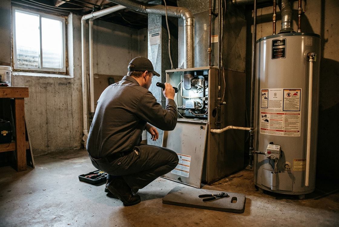 A technician at a gas furnace and water heater in a residential basement.