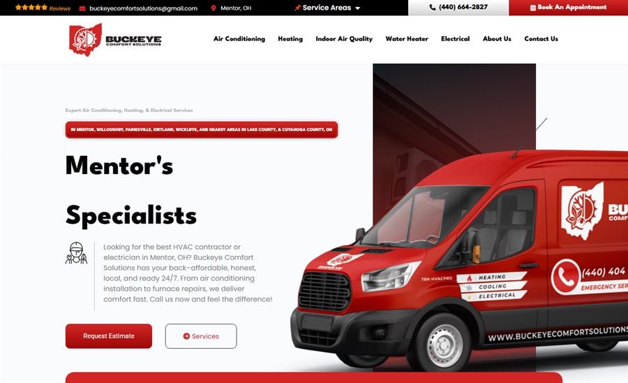 The Buckeye Comfort Solutions home page, Mentor, Ohio, led by their red branded service van