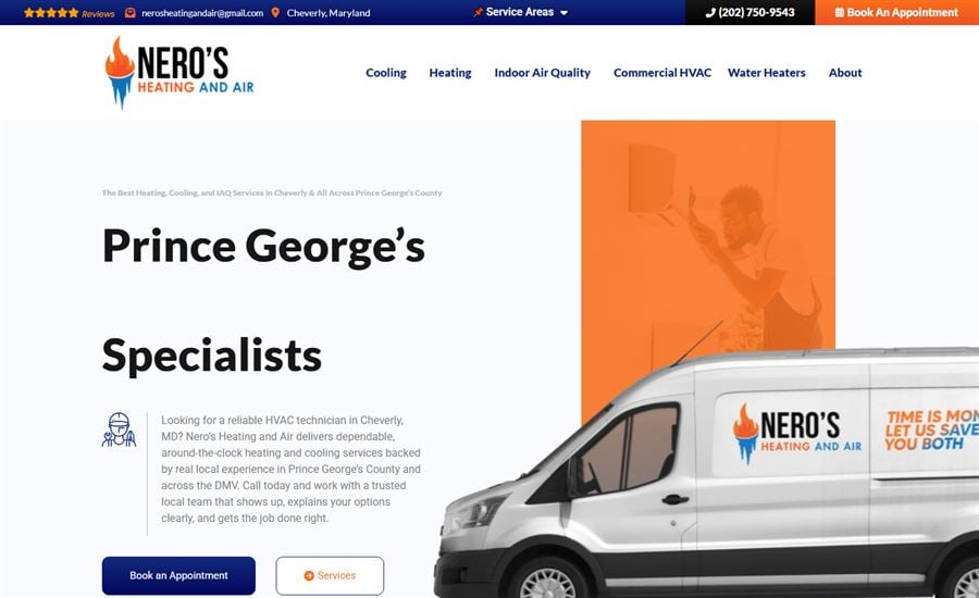 The Nero&rsquo;s Heating & Air home page, Cheverly, Maryland, led by their branded service van