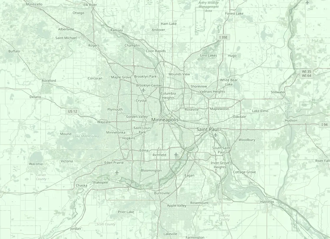 Coverage map of the Minneapolis HVAC service area, with Minneapolis and the nearby markets St. Paul, Bloomington, Edina, Plymouth, Eagan