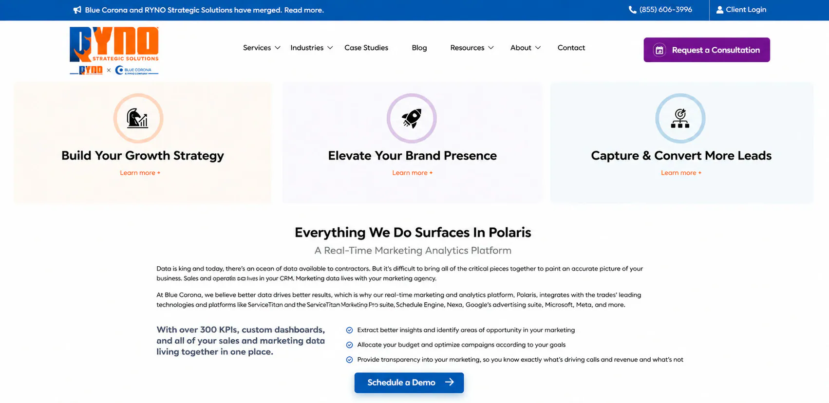 Screenshot of the Blue Corona and RYNO Strategic Solutions website. A banner across the top announces that Blue Corona and RYNO Strategic Solutions have merged, and the page below promotes Polaris, a real-time marketing analytics platform with over 300 KPIs, custom dashboards, and sales and marketing data living together in one place.