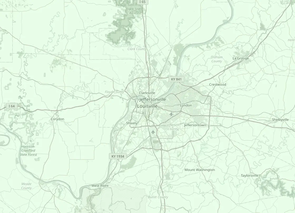 Coverage map of the Louisville HVAC service area, with Louisville and the nearby markets St. Matthews, Jeffersonville, New Albany, Shepherdsville, Shelbyville