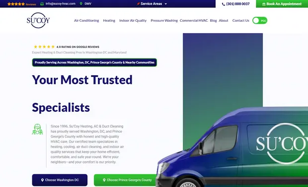 The Su&rsquo;Coy Heating, AC & Duct Cleaning home page, Washington, DC, led by their branded service van