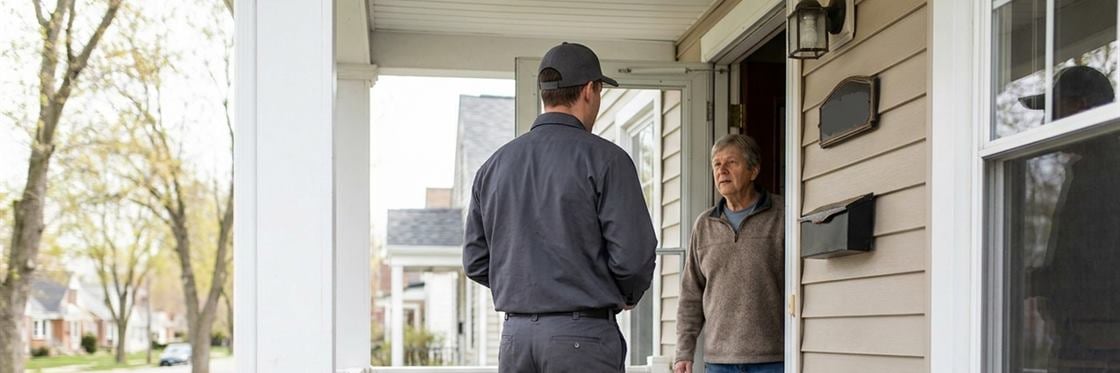 A technician talking with a homeowner at the front door of a suburban house.