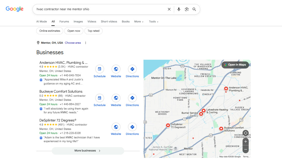 Google local search results showing three HVAC contractors and a map of the service area