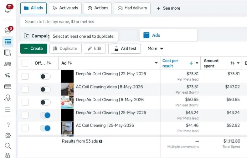 Meta Ads Manager all-ads view showing cost per result and amount spent per HVAC ad