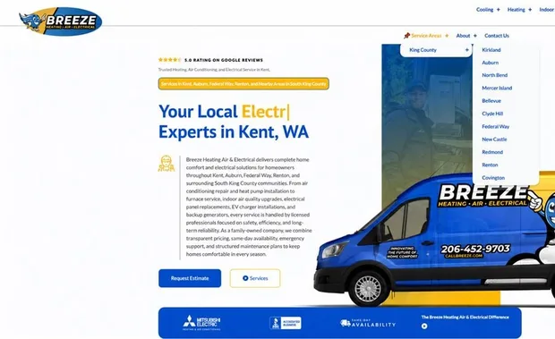 The Breeze Heating, Air & Electrical home page, Kent, Washington, led by their wrapped service van and mascot