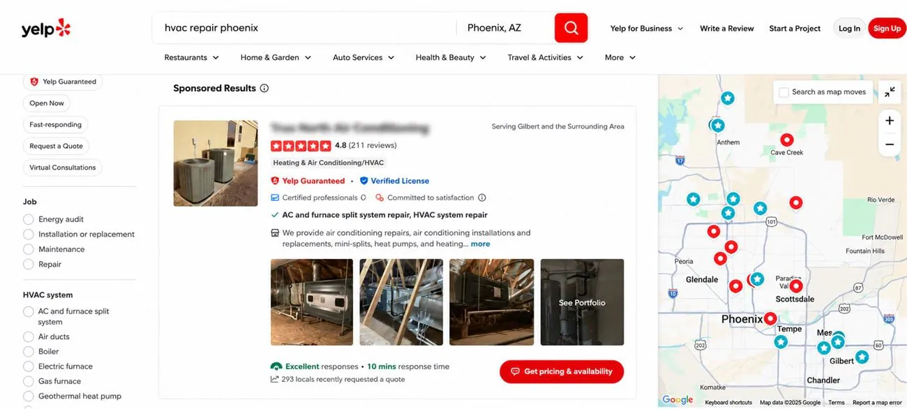 Yelp sponsored results for HVAC repair Phoenix