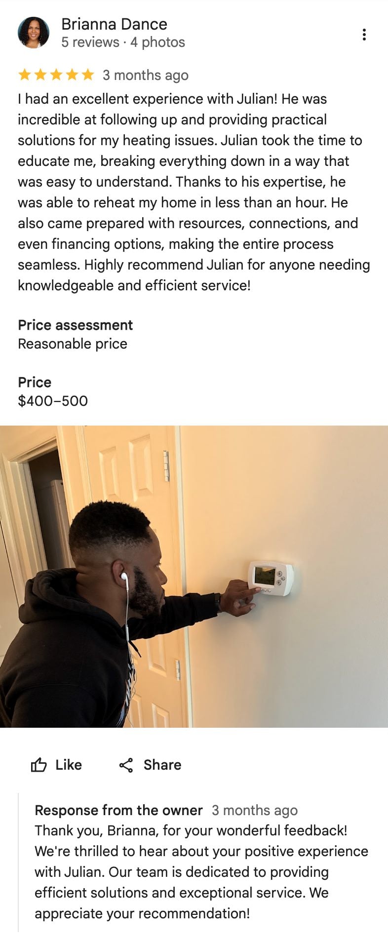 A five-star Google review for Nero’s Heating & Air naming technician Julian, with a customer photo of the completed thermostat work