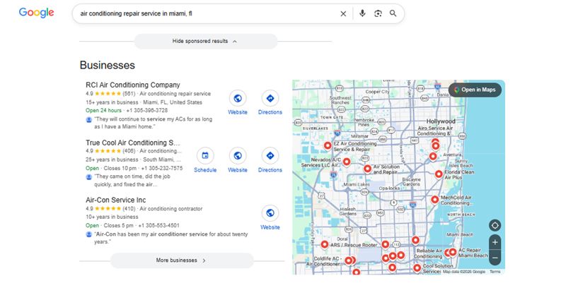Google local search results for HVAC