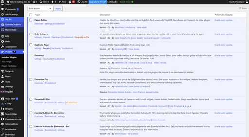 The WordPress plugin manager for an HVAC client site with automatic updates enabled across plugins