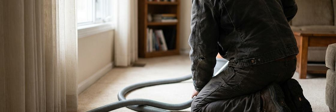 A duct cleaning technician kneeling at a floor supply register in a home with the vacuum hose run out across the carpet.
