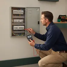 An electrician testing a residential breaker panel with a multimeter