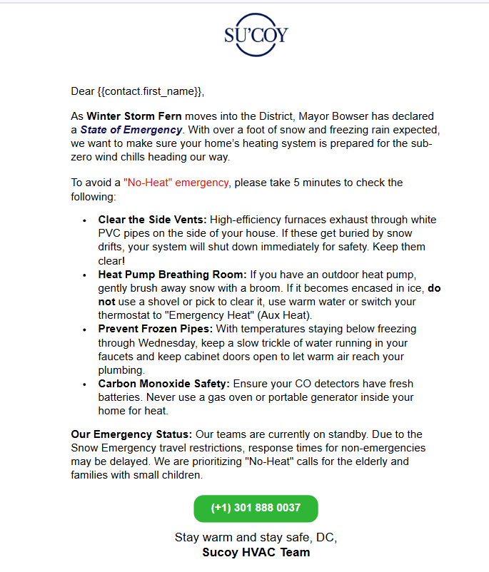 Sucoy HVAC winter-storm preparedness email sent to DC customers