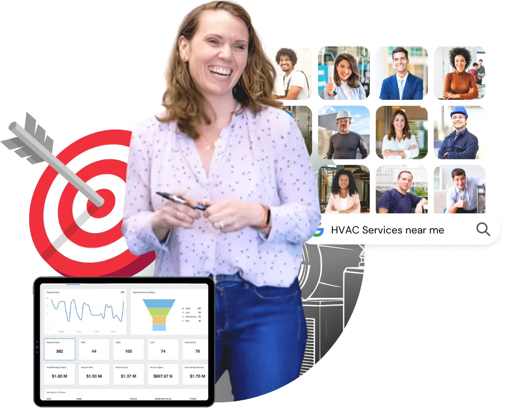 Sarah Gonzales with a lead-tracking dashboard, a Google search for HVAC services near me, and the homeowners and technicians behind those searches